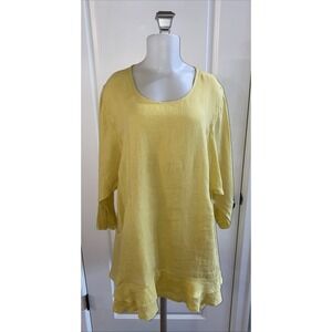 La Fixsun‎ 100% Linen Tunic Top Size XL Yellow Pocket Pullover A-line Lagenlook